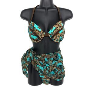VTG 90s Venus 4 Piece Swimsuit 2 Bikini Tops Bottom + Sarong Skirt Blue Brown